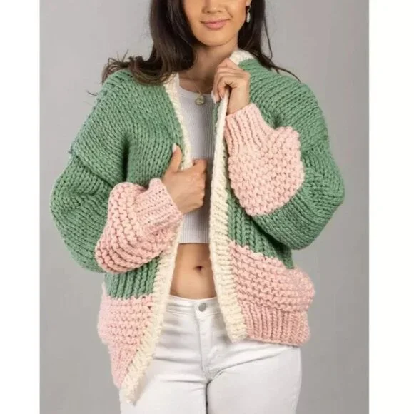 Saachi Anthropologie Bella Cardigan Chunky Sweater Green Pink Pockets One-Size - Picture 1 of 8
